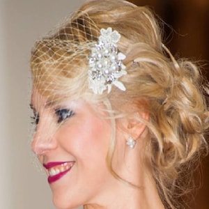 Bridal Birdcage Veil 1920s Boho Gatsby Wedding Floral Crystal Hair Clip 1920 Flapper Dress fascinator Headpiece  Gatsby face veil