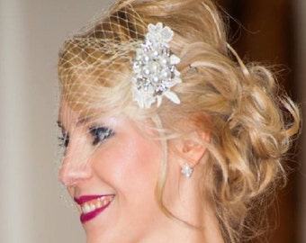 Birdcage Veil Bridal Blusher 1920s Boho Gatsby Wedding Floral Crystal Hair Clip 1920 Flapper Dress fascinator Headpiece  Gatsby face veil