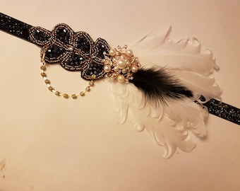 1920er Jahre Flapper Headpiece, Gatsby Haarband, Kristallperlen Great Gatsby Haarband, Vintage 1920er-40er Jahre funkelndes Haarband, Gatsby Haarband schwarz gold