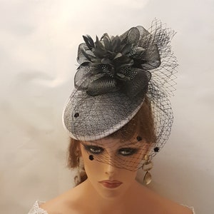 Black & Grey bird cage veil Hat fascinator fascinator Black Chenille Spotted Birdcage veil,Floral Crinoline Hat fascinator, hair accessory image 3