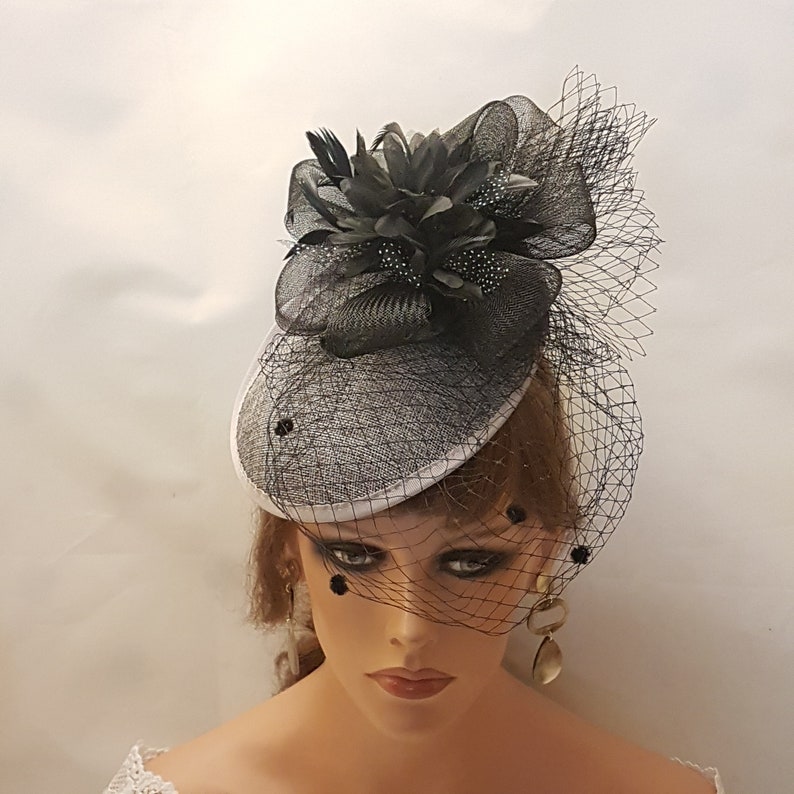 Black & Grey bird cage veil Hat fascinator fascinator Black Chenille Spotted Birdcage veil,Floral Crinoline Hat fascinator, hair accessory image 3