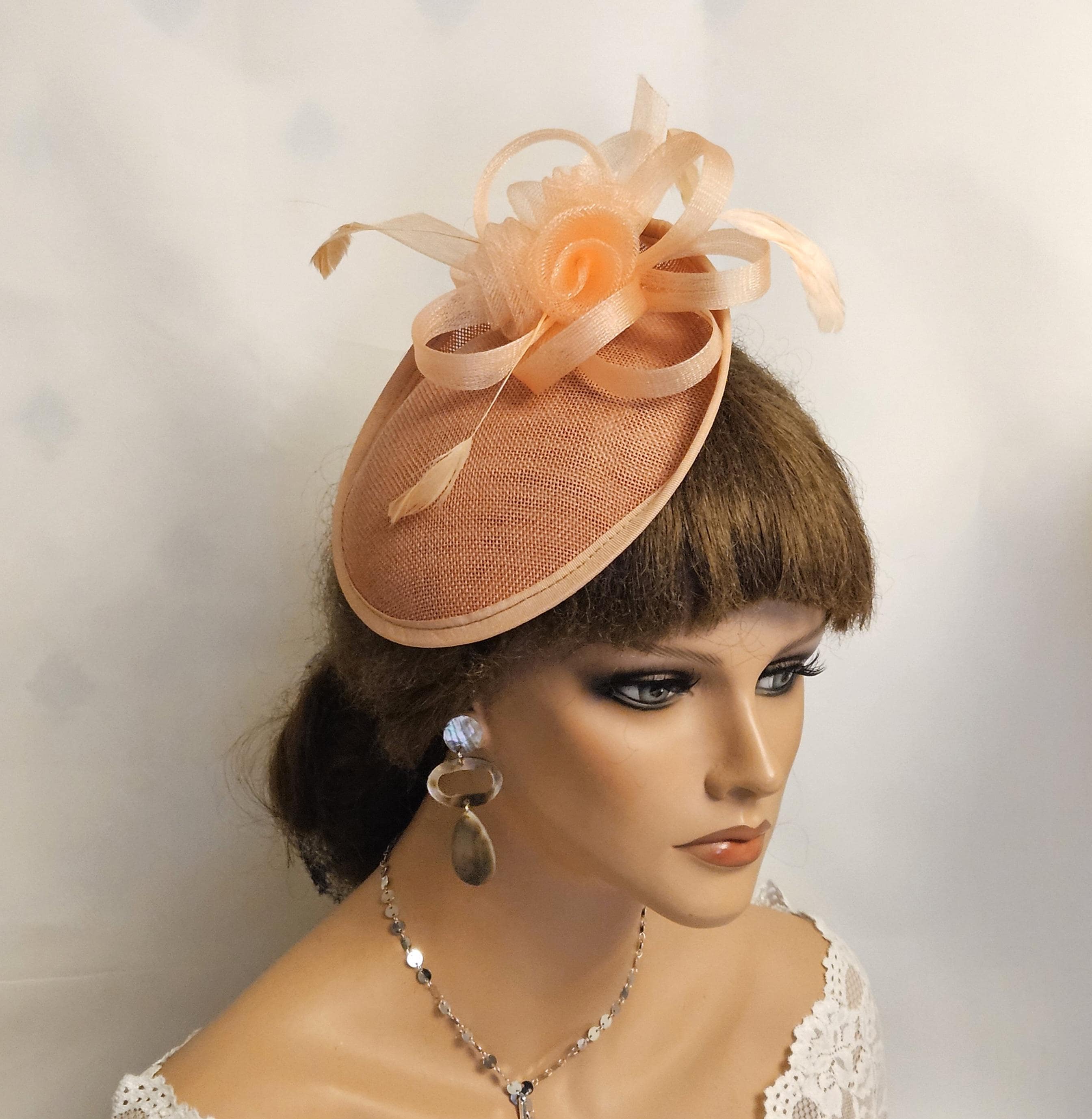 Peach Fascinator with Feathers handmade in London. Peach Fascinator Hat Handmade Wedding Guest Races Royal  main image 2