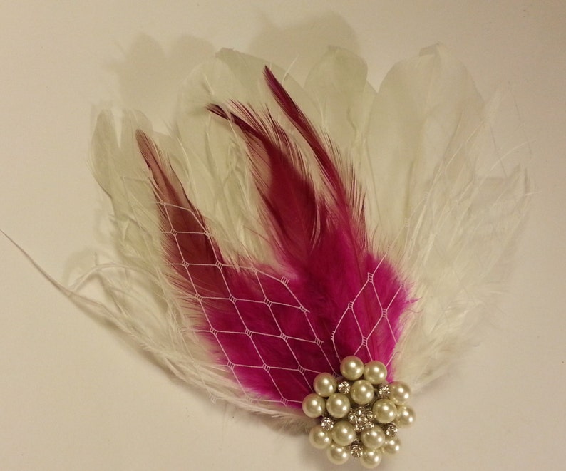 wedding hair accessory, rose/Hotpink feather clip, Bridal Hair Piece Bridal Feather Fascinator, Feather Hair Piece, Wedding Hair Accessories image 2
