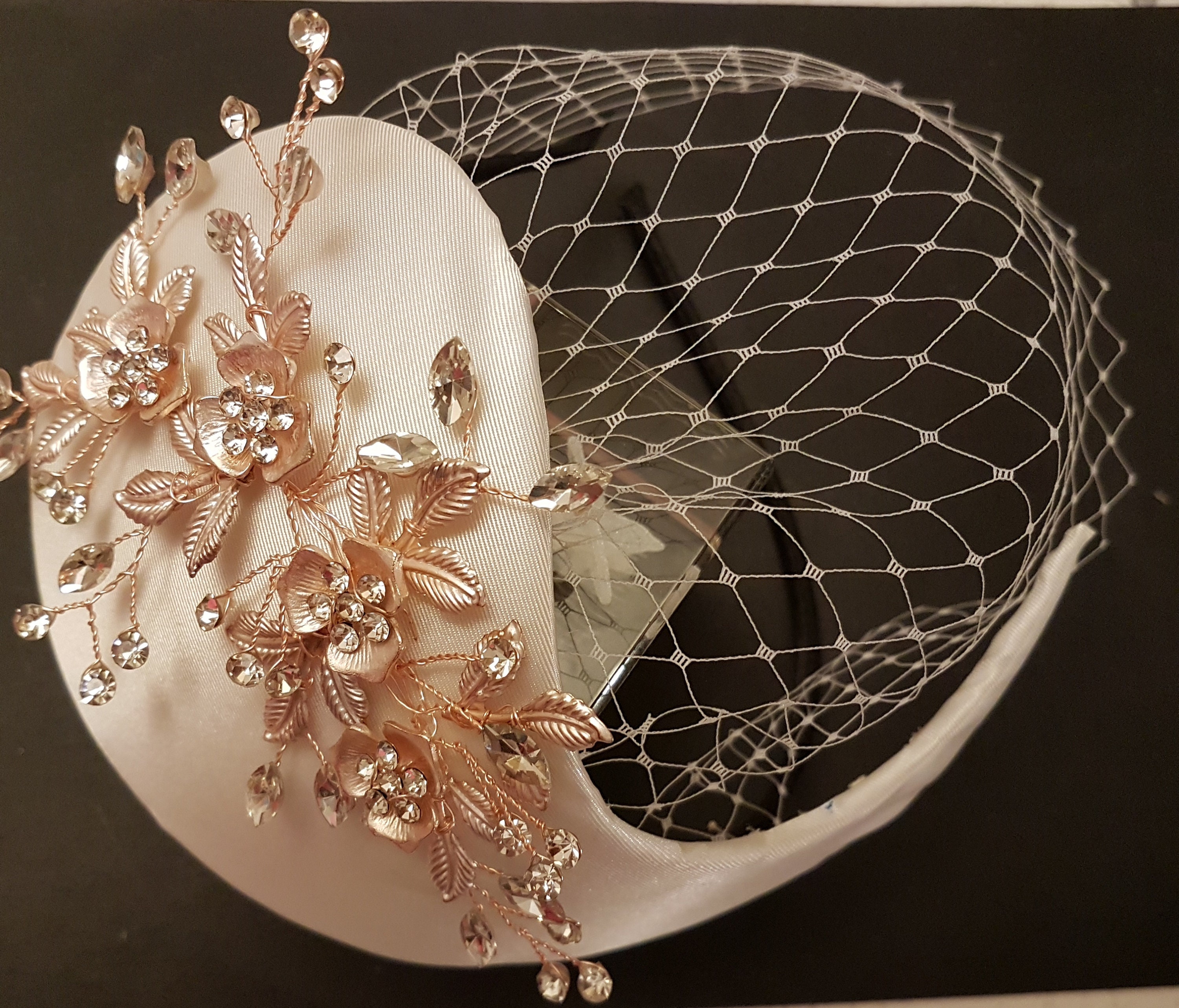 Champagne Bridal Fascinator: Vintage Rose Gold Flower Hat, Birdcage Veil Set