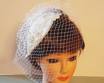Bridal bird cage veil Fascinator hat White Ivory birdcage veil hat Bridal hatinator Crystal Pearl Fascinator 2Pc Veil & bridal hat headpiece