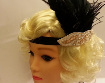 Gatsby Headband, Black and Gold Vintage 1920s Flapper Headpiece, Crystal Beaded Great Gatsby Headband, Aliceband 1920s40s sparkly headband
