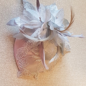 Vintage Silver Grey Teardrop Hat Fascinator: Feather Flower, Lace
