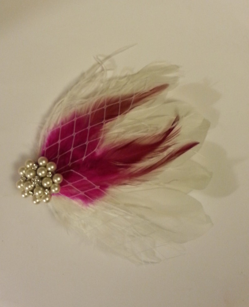 wedding hair accessory, rose/Hotpink feather clip, Bridal Hair Piece Bridal Feather Fascinator, Feather Hair Piece, Wedding Hair Accessories image 1