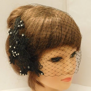 Black Birdcage veil Blusher Veil 9 inch Bandeau French net veil Black flower motif fascinator Black face veil Black french net birdcage veil
