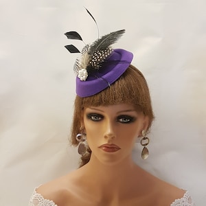 Purple Fascinator Hat Feathers & Pearl,Church,Special Occasion Women&#39;s Headpiece Handmade with Black Speckled Feathers Weddings Royal Ascot