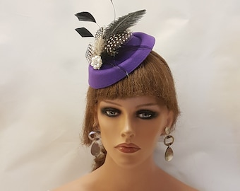 Purple Feather Fascinator Hat: Handmade Pearl Headpiece, Royal Ascot