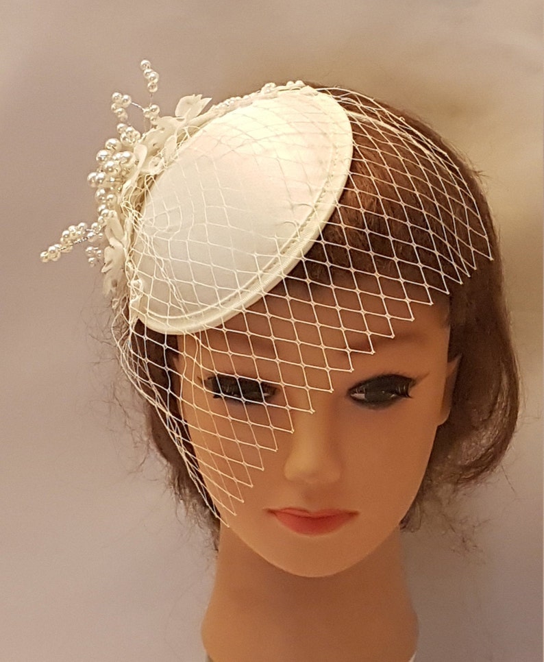 FASCINATOR Birdcage veil White Ivory bridal birdcage veil Bridal fascinator Crystal Pearl bridal hat Wedding headpiece Bridal hat fascinator image 4