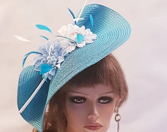 TURQUOISE Bleu fascinator grande soucoupe hatinator longue Quil Floral Church Derby Ascot Royal chapeau de fête de mariage mère de la mariée/marié Hatinator