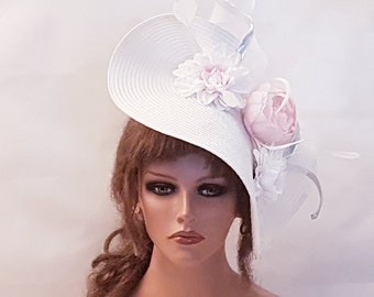 White & Pink fascinator large saucer hatinator Swril,Floral Church Derby Ascot Hat Race Wedding TeaParty hat Mother of Bride/Groom Hatinator