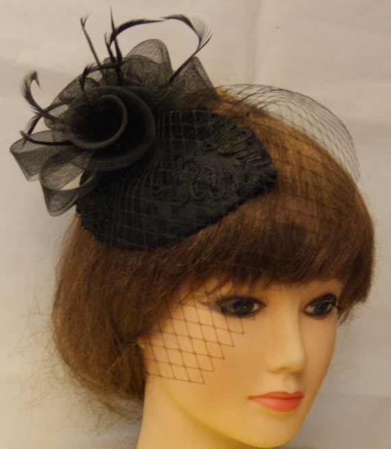 Vintage Black Cocktail Pillbox Fascinator Hat With Birdcage Veil & Feather Black Pillbox Hat 20s 50s Vintage Fascinators for Women with  main image 3