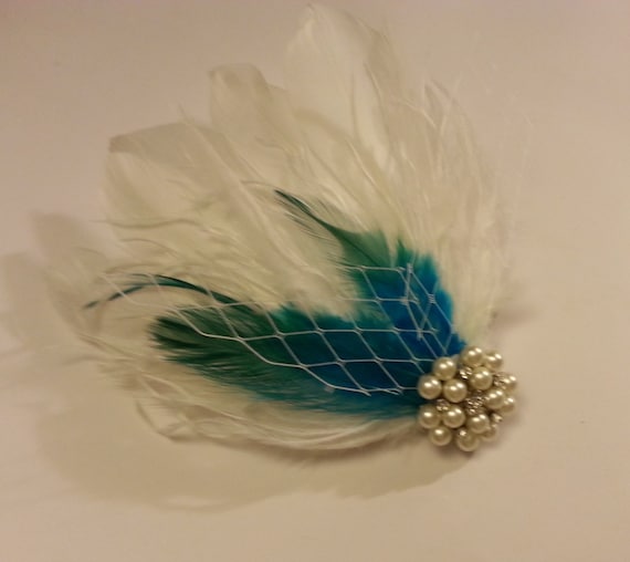 Bridal Hair Clip,peacock Blue White Feather Clip Bridal Hair