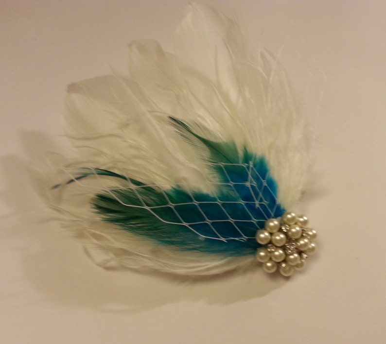 Bridal hair clip,Peacock blue & White feather clip Bridal Hair Piece Bridal Feather Fascinator, Feather Hair Piece, Wedding Hair Accessories image 1