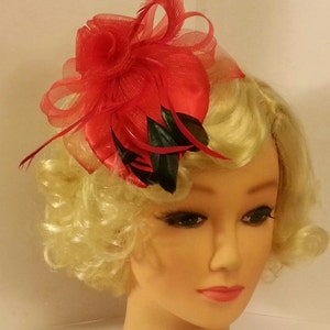 Fascinator hat, 40s 50s  #RED Teardrop hat. RED & BLACK feather Fascinator  Race, Cocktail party, Prom hat . Wedding feather fascinator