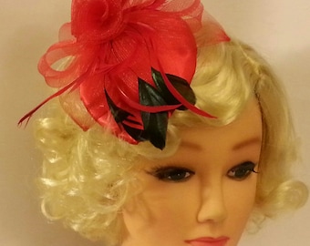 Vintage Red Wool Felt Cartwheel Hat with Feather and Dot Net Fascinator Vintage Red Wool Felt Cartwheel Hat With Feather and Dot Net  main image 4