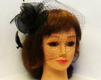 Bridal, wedding  Black Birdcage Veil Fascinator with feather hat hairpiece. Vintage inspired Frenchnet bridal, ceremoney hat veil headpiece