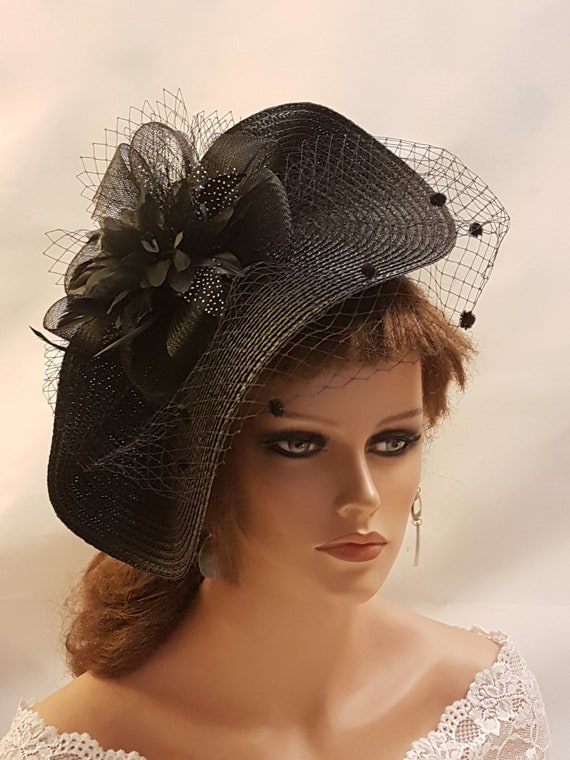 Feather Black Hat 
Vintage Fascinator ? Black Fascinator Hats for Women Pillbox Hat Set 20s 50s Top  main image 2
