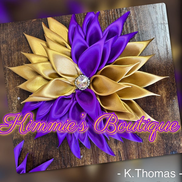 Purple and gold  Kanzashi Satin Flower Brooch - Ribbon Flower Brooch - Dress Corsage - Purple Brooch Pin