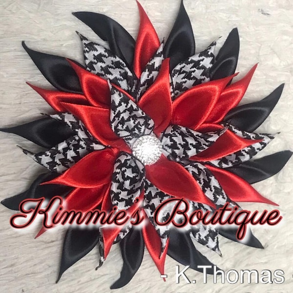 Your choice of any color, Black and Houndstooth Kanzashi Satin Flower Brooch - Ribbon Flower Brooch - Dress Corsage -Brooch Pin