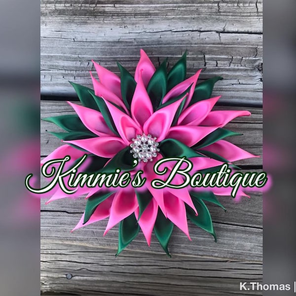Pink/Hunter Green Kanzashi Satin Flower Brooch - Ribbon Flower Brooch - Dress Corsage - Pink/Hunter Green Brooch Pin