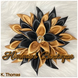 Black and Old gold  Shoulder Corsage/Satin Flower Pin/Brooch/ Shoulder Pin/Flower Pin Brooch/Gift for First Lady/Formal Accessories/Kanzashi