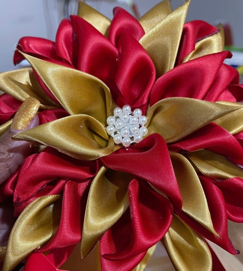 Red and Old Gold Shoulder Corsage/satin Flower Pin/brooch/ 