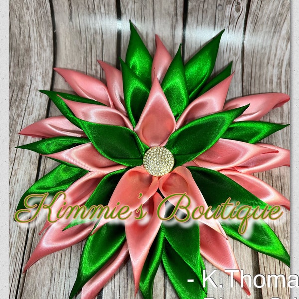 Inspired Sorority, cream pink and green Kanzashi Satin Flower Brooch - Ribbon Flower Brooch - Dress Corsage - Inspired Sorority Brooch Pin