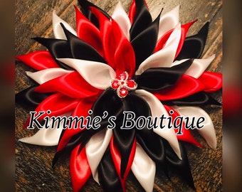 Red, Black and white Kanzashi Satin Flower Brooch - Ribbon Flower Brooch - Dress Corsage -Brooch Pin