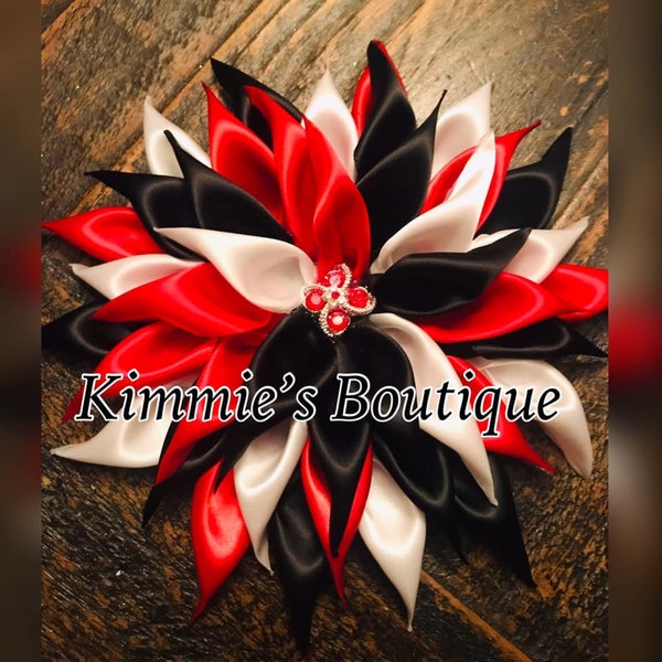 Red, Black and white Kanzashi Satin Flower Brooch - Ribbon Flower Brooch - Dress Corsage -Brooch Pin