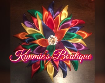 Rainbow  Kanzashi Satin Flower Brooch - Ribbon Flower Brooch - Dress Corsage - Rainbow  Brooch Pin
