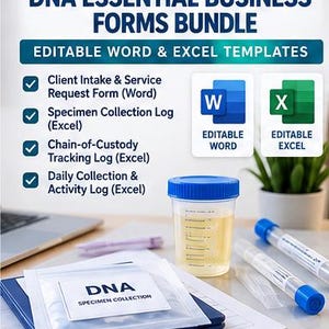 May include: A digital business forms bundle for mobile drug testing and DNA collection, featuring editable Word and Excel templates. Includes a specimen cup, collection tubes, and a DNA specimen collection pouch on a desk.