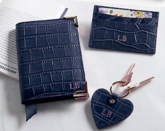 Leather, Leather Travel Set, Navy Leather Travel Set, Mock Croc Leather Travel Set, Leather Passport Cover, Leather Key Ring, Leather Card