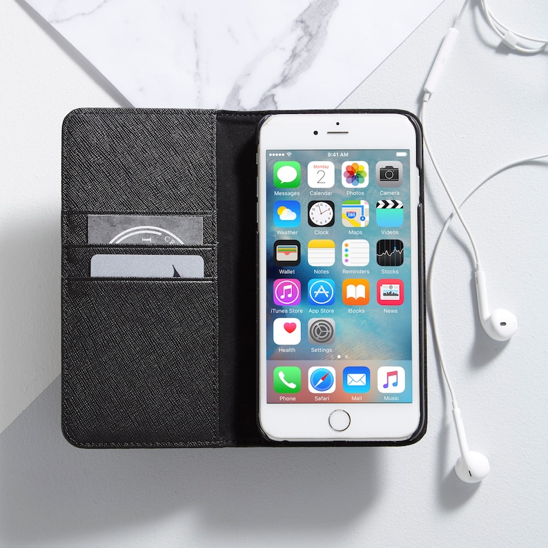Black Leather Folio Credit Card Phone Case for Iphone Iphone Etsy