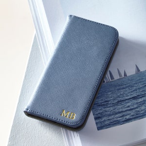 Funda de cuero azul tipo folio para iPhone con tarjetero de crédito / Funda para iPhone con tarjetero de crédito / Funda tipo folio para iPhone / Funda tipo billetera para iPhone