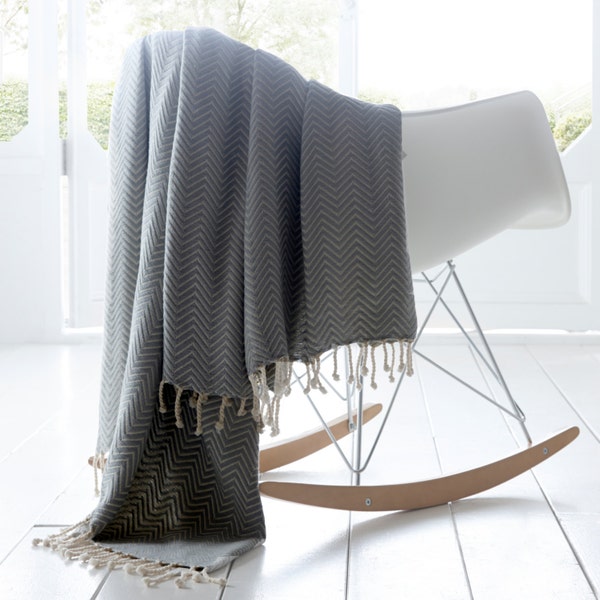 Chevron Throw | Cotton | Tassels| Soft | Grey | Rose Gold | Sofa | Bedding | Home & Living | Contemporary Blanket