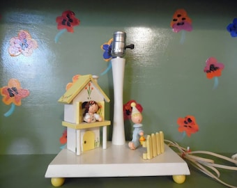 Wood Clown Girl House Irmi Lamp Night Light Flowers Yellow Children Kid Home Decor Nursery Mid Century Modern Retro Vintage