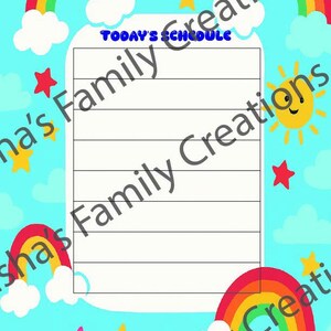 Puede incluir: Una plantilla de horario diario imprimible con fondo azul, arcoíris, nubes y estrellas. El texto "TODAY'S SCHEDULE" está en la parte superior de la página.