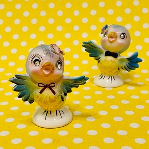 Lefton Anthropomorphic Bluebirds with Rhinestone Eyes Salt and Pepper Shakers made in Japan circa 1950s