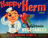 Vintage Crate Label for Happy Herm Brand California Vegetables made in USA circa 1940s