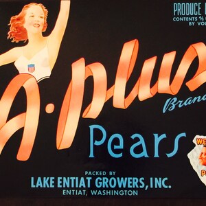 Vintage Crate Label for A Plus Brand Pears from Entiat, Washington - made in USA circa 160s