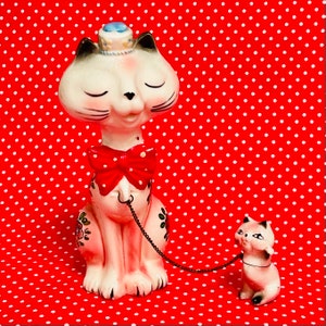 Anthropomorphic Red Bow Tie Cat with Kitten Figurine attached made in Japan circa 1960s