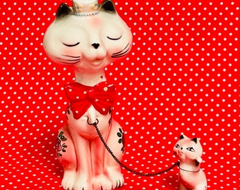 Anthropomorphic Red Bow Tie Cat with Kitten Figurine attached made in Japan circa 1960s