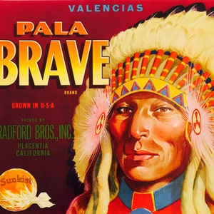 Fruit Crate Label for Pala Brave Valencia Oranges from America circa 1930&#39;s