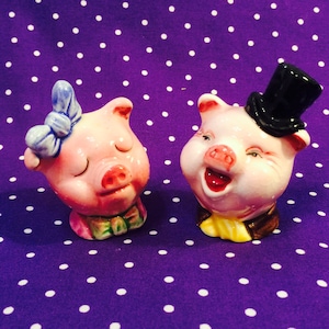 Anthropomorphic Pig Couple in Bows and a Top Hat Salt and Pepper Shakers made in Japan circa 1950s