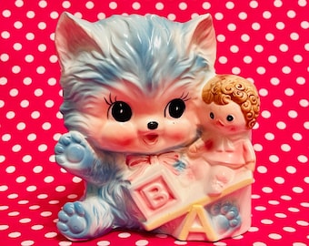 Napco Anthropomorphic Blue Kitty Kitten holding a Doll Planter made in Japan circa 1960s
