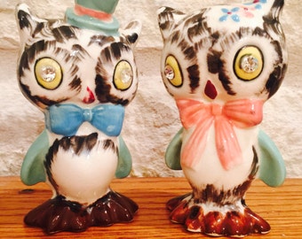 Anthropomorphic Owl Couple Salt and Pepper Shakers by Norcrest made in Japan circa 1950's